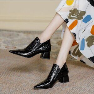 YDN Black Sexy Pointed Toe Ankle Boots Chunky Low Heel Booties Pull on Shoe